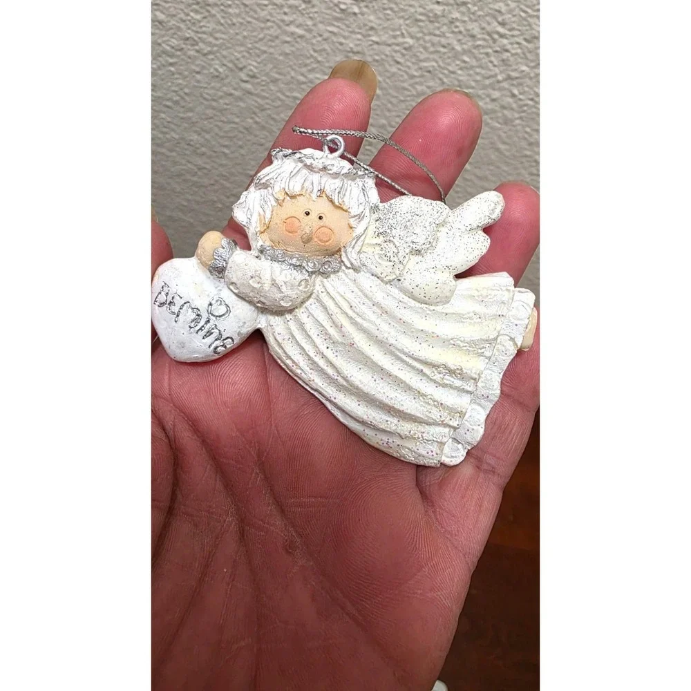 Set Of 3 Hand-Painted Ceramic Angel Christmas Ornaments Glitter Accents & Silver